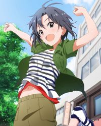 Rule 34 | 10s, 1girl, antenna hair, artist request, black eyes, black hair, blue sky, building, day, idolmaster, idolmaster (classic), idolmaster million live!, idolmaster million live! theater days, jumping, kikuchi makoto, looking at viewer, midriff, navel, official art, outdoors, shirt, shoes, short hair, short sleeves, sky, smile, sneakers, solo, striped clothes, striped shirt, tomboy, tree