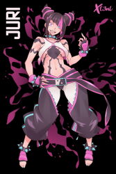 Rule 34 | 1girl, artist name, aura, belt, black background, black hair, black pants, bracelet, breasts, character name, collar, diagonal bangs, drill hair, feet, fingerless gloves, full body, gloves, green eyes, groin, hair between eyes, han juri, hand on own hip, heterochromia, highres, jewelry, looking at viewer, medium breasts, midriff, nail polish, navel, pants, purple eyes, purple hair, solo, spiked anklet, spiked bracelet, spiked collar, spikes, street fighter, street fighter 6, tongue, tongue out, twin drills, underboob, x-t3al, yin yang