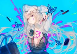Rule 34 | 1girl, arms up, bag, blouse, blue background, boxcutter, bug, butterfly, cellphone, closed mouth, cosmetics, grey hair, half-closed eyes, highres, holding, holding knife, insect, knife, lipstick tube, long hair, long sleeves, looking to the side, original, phone, purple eyes, school bag, shirt, smartphone, solo, translated, ume neko (otaku-nyanko), upper body, very long hair, vest, white shirt