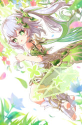 Rule 34 | 1girl, :d, absurdres, blurry, blurry foreground, dress, floating hair, from side, genshin impact, green eyes, green hair, highres, kurenairan77, long hair, looking at viewer, multicolored hair, nahida (genshin impact), open mouth, short dress, smile, solo, symbol-shaped pupils, two-tone hair, very long hair, white dress, white hair