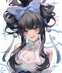 Rule 34 | 1girl, absurdres, beiqingluoshicaicai, black hair, blue bow, bow, brown eyes, chinese clothes, flower knot, hair bow, highres, long hair, open mouth, sidelocks, smile, solo, wangzhe rongyao, xishi