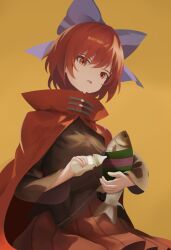 Rule 34 | 1girl, bib, black shirt, blue bow, bow, brown background, cloak, fish, guilty merlin, hair bow, hashtag-only commentary, highres, long sleeves, looking at viewer, red eyes, red hair, red skirt, sekibanki, shirt, short hair, simple background, skirt, solo, touhou, wakasagihime (fish)