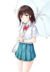 Rule 34 | 1girl, absurdres, bad id, bad pixiv id, blue skirt, blush, bow, bowtie, breasts, brown eyes, brown hair, collared shirt, cowboy shot, dress shirt, highres, holding, holding umbrella, looking at viewer, miniskirt, neon (hhs9444), original, plaid, plaid skirt, pleated skirt, red bow, red bowtie, school uniform, serafuku, shirt, shirt tucked in, short sleeves, simple background, skirt, small breasts, solo, standing, transparent, transparent umbrella, umbrella, uniform, white background, white shirt, wing collar, wristband