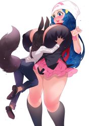 Rule 34 | 2girls, alternate breast size, animal ears, beanie, black hair, blue eyes, blue hair, blush, breast smother, breasts, cleavage, covered erect nipples, creatures (company), curvy, dawn (pokemon), deep skin, face to breasts, game freak, hat, highres, huge breasts, long hair, matching hair/eyes, multiple girls, nintendo, open mouth, original, pants, pokemon, pokemon dppt, scarf, shirt, shoes, simple background, size difference, skirt, socks, sumisumii, tail, thick thighs, thighs, thong, white background, white shirt, wristband