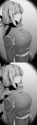 Rule 34 | 1boy, 1girl, absurdres, braid, breasts, closed mouth, fate/grand order, fate (series), florence nightingale (fate), fujimaru ritsuka (male), greyscale, hair between eyes, hands on another&#039;s shoulders, highres, hxd, large breasts, long sleeves, monochrome