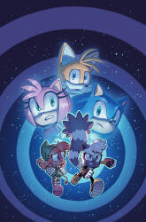 Rule 34 | 2boys, 3girls, absurdres, amy rose, animal ears, animal nose, arm up, armor, artist name, bare shoulders, belle the tinkerer, black background, black gloves, blue background, blue eyes, blue fur, body fur, bracelet, braid, breasts, closed mouth, collared shirt, dress, evan stanley, eyelashes, fox boy, fox ears, furry, furry female, furry male, gloves, gold bracelet, gradient background, green eyes, green headwear, green shorts, grey eyes, grey fur, hair ornament, hairband, hand up, hands up, hat, hedgehog, hedgehog ears, hedgehog girl, highres, jewelry, leg up, lemur ears, lemur girl, lemur tail, long hair, looking at another, looking to the side, medium breasts, multiple boys, multiple girls, open mouth, orange footwear, pink footwear, pink fur, pink shirt, puffy short sleeves, puffy sleeves, red armor, red dress, red hair, red hairband, robot, robot girl, running, shirt, shoes, short sleeves, shorts, sleeveless, sleeveless dress, smile, sneakers, socks, sonic (series), sonic the hedgehog, sonic the hedgehog (idw), standing, suspender shorts, suspenders, tail, tails (sonic), tangle the lemur, teeth, twin braids, two-tone fur, two-tone gloves, white fur, white gloves, white socks