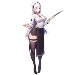 Rule 34 | 1girl, blue eyes, blunt bangs, breasts, character name, chef, food, full body, game cg, high heels, highres, knife, large breasts, last origin, long hair, looking at viewer, maid headdress, official art, plate, silver hair, sima (startwitch), smile, solo, sowan (last origin), tachi-e, thighhighs, transparent background