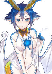 Rule 34 | 1girl, absurdres, bioluminescence, blue eyes, blue hair, breasts, breasts apart, closed mouth, detached collar, dragon girl, dragon horns, dragon tail, dragon wings, glowing, hair between eyes, heart (organ), highres, horns, looking at viewer, medium breasts, mihua (gina10925), monster girl, monster musume no oisha-san, navel, pale skin, pointy ears, scales, short hair, signature, simple background, skadi dragenfelt, slit pupils, smile, solo, tail, white background, wings