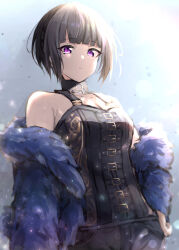 Rule 34 | 1girl, absurdres, bare shoulders, black hair, black pants, black shirt, blue background, blue jacket, blunt bangs, blush, bob cut, breasts, cleavage, collarbone, cowboy shot, dot nose, flat chest, fur jacket, hand on own hip, highres, idolmaster, idolmaster cinderella girls, idolmaster cinderella girls starlight stage, jacket, light particles, looking at viewer, off shoulder, pants, parted lips, purple eyes, shirayuki chiyo, shirt, short hair, simple background, sleeveless, sleeveless shirt, solo, standing, tonguewasabi