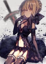 Rule 34 | 1girl, artoria pendragon (all), artoria pendragon (fate), babydoll, black dress, black gloves, black thighhighs, blonde hair, blurry, bow, bow panties, braid, character name, closed mouth, cowboy shot, depth of field, dress, elbow gloves, excalibur morgan (fate), fate/stay night, fate (series), french braid, garter belt, garter straps, gloves, lace, lace-trimmed panties, lace trim, lingerie, looking at viewer, panties, red bow, saber (fate), saber alter, sidelocks, solo, thighhighs, thighs, underwear, yasiromann, yellow eyes