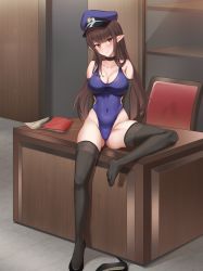 Rule 34 | 1girl, absurdres, arm support, arms behind back, ass, bad id, bad pixiv id, black footwear, black gloves, black thighhighs, blue hat, blue one-piece swimsuit, blush, breasts, brown hair, chair, cleavage, collarbone, commission, competition swimsuit, covered navel, desk, elbow gloves, folder, glass, gloves, hat, head tilt, high heels, highleg, highleg swimsuit, highres, large breasts, long hair, looking at viewer, nose blush, on desk, one-piece swimsuit, original, paper, pharamacom, pointy ears, police hat, red eyes, shoes, sitting, smile, solo, spread legs, swimsuit, thighhighs, unworn shoe, unworn shoes, very long hair