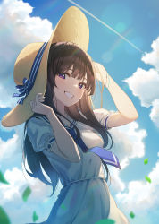 Rule 34 | 1girl, absurdres, blue neckwear, blue sky, blunt bangs, brown hair, cloud, commentary, contrail, day, dress, falling leaves, grin, hand on headwear, hat, hat ribbon, highres, huge filesize, inchangboy2, korean commentary, leaf, lens flare, looking at viewer, medium hair, original, outdoors, purple eyes, ribbon, sailor collar, sailor dress, sky, smile, solo, standing, straw hat, sun hat, teeth, white dress, white sailor collar