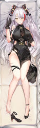 Rule 34 | 1girl, aimee (emi), alternate costume, antenna hair, azur lane, bad id, bad pixiv id, black dress, black footwear, blush, bow, breasts, brown eyes, dress, gloves, grabbing own breast, groin, hair between eyes, high heels, highres, large breasts, long hair, looking at viewer, mole, mole on breast, multicolored hair, prinz eugen (azur lane), prinz eugen (cordial cornflower) (azur lane), red hair, shoes, silver hair, single shoe, skindentation, solo, streaked hair, thigh strap, thighs, two side up, very long hair