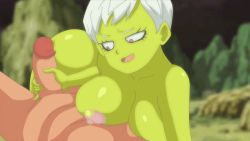 Rule 34 | 1boy, 1girl, animated, animated gif, ass, breast press, breasts, cheelai, colored skin, completely nude, dragon ball, dragon ball super, erection, green skin, handjob, hetero, large breasts, looking at penis, lying on person, masturbation, nude, oral, penis, riffsandskulls, shiny skin, short hair, smile, wide hips