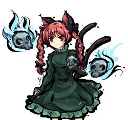 Rule 34 | 1girl, animal ears, black bow, blue fire, bow, braid, breasts, cat ears, cat tail, closed mouth, dress, eyebrows hidden by hair, feet out of frame, fire, flaming skull, floating skull, frills, green dress, hair bow, hair ribbon, hand up, highres, hitodama, kaenbyou rin, lis (lislisette), long hair, looking ahead, multiple tails, nekomata, official style, petticoat, red eyes, red hair, ribbon, simple background, skull, sleeves past wrists, small breasts, smile, solo, standing, tail, tokiame (style), touhou, tress ribbon, twin braids, twintails, two tails, white background