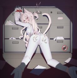 1girl akira_(blue_archive) animal_ear_fluff animal_ears bent_over blue_archive cabinet cat_ears cat_tail caught file_cabinet floor gloves halo high_heels highres kneeling long_hair mahou_gnome pants paper red_eyes shirt solo spotlight tail white_gloves white_hair white_pants white_shirt