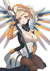 Rule 34 | 1girl, :o, between legs, black footwear, blonde hair, blue eyes, boots, breasts, brown pantyhose, cleavage, gloves, halo, head tilt, high ponytail, holding, holding weapon, large breasts, leotard, long hair, looking at viewer, mechanical halo, mechanical wings, mercy (overwatch), overwatch, overwatch 1, pantyhose, ponytail, shade, simple background, sitting, solo, vococo, wariza, weapon, white background, wings