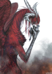 Rule 34 | 2others, armor, arrow (projectile), covered face, dragon, fantasy, fog, giant, helmet, holding, horns, knight, monokubo, multiple others, original, red fur, red hair, wings