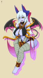 Rule 34 | 1girl, absurdres, ankle cuffs, bad id, bad pixiv id, bandages, bare shoulders, barefoot, bat wings, black sclera, breasts, cleavage, colored sclera, demon girl, demon tail, demon wings, egyptian, gold, highres, horns, jewelry, large breasts, crossed legs, less, long hair, monster girl, monster girl encyclopedia, monster girl encyclopedia ii, pharaoh (monster girl encyclopedia), sharp toenails, sitting, snake, solo, tail, toenails, undead, white hair, wings, yellow eyes