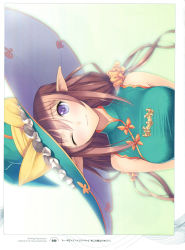 Rule 34 | absurdres, backlighting, brown hair, copyright name, elf, game cg, gradient background, green background, green hat, hair between eyes, halterneck, hat, highres, long hair, non-web source, pointy ears, purple eyes, rinna mayfield, shining (series), shining resonance, shining resonance collection of visual materials, sideways, solo, tony taka, white background, witch hat