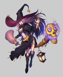 Rule 34 | 1girl, arai shinkurou, artist request, bad id, bad pixiv id, boots, bracelet, breasts, broom, chain, cleavage, dress, fantasy, hat, highres, jewelry, lantern, large breasts, long hair, open mouth, original, purple eyes, purple hair, skull, solo, witch, witch hat