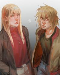 Rule 34 | 196 96655, 2boys, absurdres, alternate costume, belt, black shirt, blonde hair, blue eyes, brown eyes, buckle, canute, closed mouth, collarbone, cross, denim, eyelashes, gradient background, hands in pockets, highres, jacket, jewelry, long hair, looking at viewer, male focus, messy hair, multiple boys, necklace, parted lips, red sweater, shirt, signature, simple background, sweater, teeth, thorfinn, turtleneck, turtleneck sweater, vinland saga
