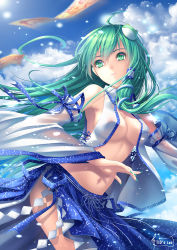 Rule 34 | 1girl, breasts, cleavage, cloud, day, detached sleeves, female focus, fingernails, frog, green eyes, green hair, green nails, hair ornament, kochiya sanae, large breasts, lens flare, long fingernails, long hair, matching hair/eyes, motion blur, nail polish, navel, ofuda, open clothes, open shirt, outdoors, parted lips, ribbon, see-through, shirt, side slit, sky, snake, solo, tidsean, touhou, underboob, vest