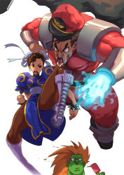 Rule 34 | 1girl, 2boys, andrewcockroach, bad deviantart id, bad id, blanka, bracelet, brown eyes, brown hair, bun cover, capcom, china dress, chinese clothes, chun-li, double bun, dress, earrings, food, glowing, glowing hand, hair bun, hat, jewelry, knees, m. bison, military, military uniform, multiple boys, open mouth, pain, pantyhose, pelvic curtain, popsicle, saliva, simple background, spiked bracelet, spikes, street fighter, thick thighs, thighs, uniform, violence, white background