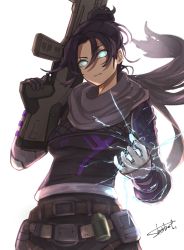 Rule 34 | 1girl, animification, apex legends, belt, black bodysuit, black gloves, bodysuit, breasts, brown belt, electricity, floating hair, floating scarf, g7 scout, gloves, glowing, glowing eyes, grey scarf, gun, hair behind ear, hair bun, head tilt, highres, holding, holding gun, holding weapon, no pupils, parted bangs, rifle, scarf, sherbet (sherbet99), single hair bun, small breasts, solo, weapon, white background, wraith (apex legends)