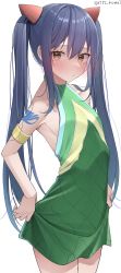 Rule 34 | 1girl, absurdres, arm tattoo, armband, bare shoulders, blue hair, blush, closed mouth, dress, fairy tail, flat chest, green dress, hair ornament, half-closed eyes, highres, kawai ritsu (rits meg), looking at viewer, simple background, sleeveless, sleeveless dress, solo, tattoo, twintails, twitter username, wendy marvell, white background
