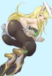 Rule 34 | 1girl, animal ears, ass, bare shoulders, black pantyhose, blonde hair, bow, bowtie, breasts, deekei, earrings, fake animal ears, gem, headpiece, highres, jewelry, large breasts, leotard, long hair, looking at viewer, mythra (massive melee) (xenoblade), mythra (xenoblade), nintendo, pantyhose, playboy bunny, rabbit ears, rabbit tail, solo, swept bangs, tail, tiara, wrist cuffs, xenoblade chronicles (series), xenoblade chronicles 2, yellow eyes