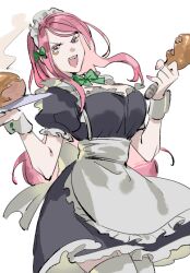 Rule 34 | 1girl, apron, black dress, cowboy shot, dress, eyelid piercing, food, green ribbon, holding, holding food, holding plate, jewelry bonney, long hair, looking at viewer, maid, maid apron, maid headdress, neck ribbon, one piece, open mouth, piercing, pink hair, pink nails, plate, purple eyes, raine (acke2445), ribbon, sidelocks, simple background, smoke, solo, swept bangs, thighhighs, white background, wrist cuffs