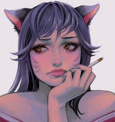 Rule 34 | 1girl, absurdres, ahri (league of legends), animal ears, bare shoulders, black hair, breasts, cigarette, close-up, crescentkitten, facial mark, fox ears, highres, holding, holding cigarette, league of legends, simple background, smoke, smoking, solo, whisker markings, white background