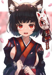 Rule 34 | 1girl, animal ear fluff, animal ears, azur lane, black kimono, blunt bangs, blush, breasts, brown hair, cat ears, cat mask, fangs, highres, hikimayu, japanese clothes, kimono, large breasts, looking at viewer, mask, mask on head, nyucha, obi, open mouth, red eyes, red robe, robe, sash, short hair, sideboob, smile, solo, thick eyebrows, upper body, wide sleeves, yamashiro (azur lane)
