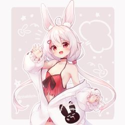 Rule 34 | 1girl, ahoge, animal ear fluff, animal ears, arm up, breasts, rabbit ears, camisole, choker, cleavage, coat, hair ornament, hairclip, long hair, low twintails, midriff, nail polish, navel, off shoulder, open clothes, open coat, open mouth, pink hair, red camisole, red eyes, red shorts, short shorts, shorts, small breasts, smile, solo, tomari mari, tomari mari channel, twintails, underwear, virtual youtuber, waving, white coat