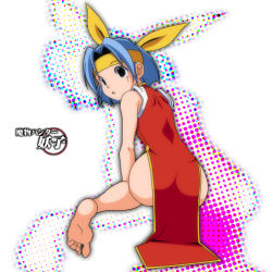 Rule 34 | 1990s (style), 1girl, barefoot, blue hair, chinese clothes, feet, female focus, from behind, kanzaki azusa, mamono hunter youko, short hair, soles, solo