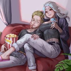 Rule 34 | 1boy, 1girl, abs, absurdres, belt, black shirt, blonde hair, cellphone, couch, dorohedoro, ear piercing, food, glasses, highres, hy (hungyu), indoors, jacket, jewelry, long hair, noi (dorohedoro), pants, phone, piercing, plant, popcorn, red eyes, ring, shin (dorohedoro), shirt, sitting, sleeping, slippers, smile, stitches, white hair, white pants