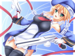 Rule 34 | 1girl, arc system works, bad id, bad pixiv id, black thighhighs, blazblue, blonde hair, blush, breasts, detached sleeves, dual wielding, gloves, green eyes, gun, handgun, hat, holding, impossible clothes, medium breasts, mikan (5555), noel vermillion, open mouth, short hair, solo, thighhighs, weapon, white gloves
