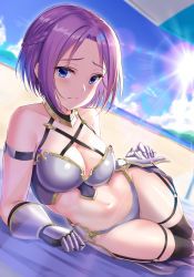 Rule 34 | 1girl, absurdres, armor, bare shoulders, beach, beach mat, beach umbrella, bikini, bikini armor, black thighhighs, blue eyes, blue sky, blush, braid, breastplate, breasts, cleavage, closed mouth, cloud, collarbone, commentary request, day, faulds, foreshortening, garter straps, gauntlets, grey bikini, highres, jun (princess connect!), jun (summer) (princess connect!), lens flare, looking at viewer, lying, medium breasts, midriff, navel, o-ring, ocean, on side, parted bangs, princess connect!, purple hair, rama (yu-light8), sand, short hair, sidelocks, skindentation, sky, solo, sunlight, swimsuit, thighhighs, umbrella