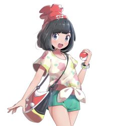 Rule 34 | 1girl, :o, bag, bare legs, beanie, black eyes, black hair, blush, bracelet, cowboy shot, creatures (company), crossed legs, floral print, front-tie top, game freak, green shorts, hat, holding, holding poke ball, jewelry, midriff, navel, nintendo, open mouth, poke ball, poke ball (basic), pokemon, pokemon sm, red hat, selene (pokemon), shirt, short hair, short shorts, short sleeves, shorts, simple background, smile, solo, ssorasora, stomach, tied shirt, transparent background, white background, z-ring