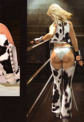 Rule 34 | 1girl, animal print, arena, ass, ass cutout, blonde hair, chair, chaps, clothing cutout, cow print, crop top, curvy, dixie clemets, fingerless gloves, from behind, gloves, indoors, legs, long hair, motion blur, panties, rumble roses, solo, standing, thick thighs, thighs, underwear, walking, white panties, wrestling ring