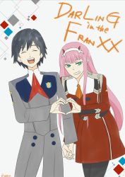 Rule 34 | 10s, 1boy, 1girl, black hair, black pants, closed eyes, commentary request, couple, darling in the franxx, green eyes, hair ornament, hairband, heart, heart hands, hetero, highres, hiro (darling in the franxx), holding hands, horns, interlocked fingers, kyou 0707, long hair, long sleeves, looking at viewer, military, military uniform, necktie, oni horns, open mouth, orange neckwear, pants, pantyhose, pink hair, red horns, red neckwear, short hair, signature, uniform, white hairband, zero two (darling in the franxx)
