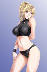 Rule 34 | 1girl, arm behind back, bare shoulders, black panties, blonde hair, blue background, blue eyes, breasts, contrapposto, cowboy shot, female focus, gradient background, hair between eyes, hair tie, halterneck, hand on own arm, hand on own thigh, high ponytail, highres, holding own arm, impossible clothes, large breasts, legs apart, lips, long hair, looking away, looking down, looking to the side, metroid, navel, nintendo, panties, parted bangs, ponytail, samus aran, sidelocks, simple background, solo, sports bra, standing, super metroid, tamamon, thighs, turtleneck, underwear, underwear only, wristband