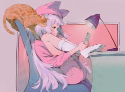 Rule 34 | 1girl, alternate costume, andychen, cat, cellphone, curled up, desk, from side, highres, holding, holding phone, hololive, iphone x, lamp, long hair, murasaki shion, orange eyes, phone, pink headwear, pink shorts, pink sweater, shorts, silver hair, smartphone, socks, solo, sweater, very long hair, virtual youtuber