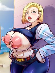 Rule 34 | 1girl, alternate ass size, alternate breast size, android 18, beach, belt, belt buckle, blonde hair, blue eyes, breasts, breasts out, brown belt, buckle, cleavage, clothes lift, cloud, cowboy shot, curvy, dragon ball, dragon ball super, earrings, facing viewer, female focus, hands on own hips, huge breasts, jewelry, kame house, lactation, large areolae, looking at viewer, nipples, ocean, open mouth, outdoors, puffy areolae, puffy nipples, rickert kai, shirt lift, short hair, skirt, skirt lift, sky, solo, standing, striped sleeves, sweat, wide hips