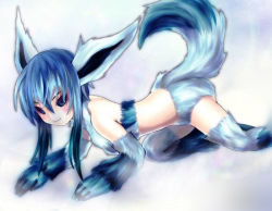 Rule 34 | 1girl, blue eyes, blue hair, blush, creatures (company), female focus, furry, furry female, game freak, gen 4 pokemon, glaceon, kneeling, matching hair/eyes, nintendo, personification, pokemon, solo, tail