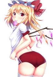 Rule 34 | 1girl, ass, bare back, blonde hair, blush, buruma, cameltoe, condom, condom in mouth, crystal, demon wings, ebi 193, eyebrows, flandre scarlet, frilled hat, frills, hat, heart, heart-shaped pupils, looking at viewer, mob cap, mouth hold, red eyes, shirt, short hair, simple background, smile, solo, sportswear, standing, symbol-shaped pupils, touhou, vampire, white background, white hat, white legwear, white shirt, wings