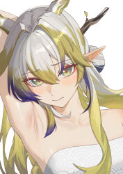 Rule 34 | 1girl, absurdres, arknights, arm up, armpits, bare shoulders, blonde hair, blue hair, blush, collarbone, commentary, green eyes, hair intakes, highres, horns, long hair, looking at viewer, multicolored hair, pointy ears, pomerui, shu (arknights), simple background, solo, strapless, streaked hair, tube top, upper body, very long hair, white background, white hair