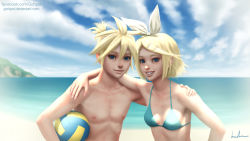 Rule 34 | 1boy, 1girl, arm around neck, arm around waist, ball, bikini, blonde hair, blue sky, bow, brother and sister, cloud, day, facebook username, gohpot, grin, hair bow, hair ornament, hair ribbon, hairclip, hand on another&#039;s shoulder, highres, holding, holding ball, image sample, kagamine len, kagamine rin, ocean, ponytail, realistic, ribbon, siblings, signature, sky, smile, sunlight, swimsuit, swimsuit under clothes, topless male, twins, vocaloid, volleyball (object), watermark, web address
