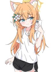 Rule 34 | 1girl, absurdres, animal ears, black shorts, blue archive, blue eyes, blush, cellphone, closed mouth, cowboy shot, dolphin shorts, extra ears, flower, hair flower, hair ornament, halo, highres, holding, holding phone, iphone, long hair, mangyu0111, mari (blue archive), orange hair, phone, shirt, short sleeves, shorts, simple background, smartphone, solo, white background, white flower, white shirt, yellow halo